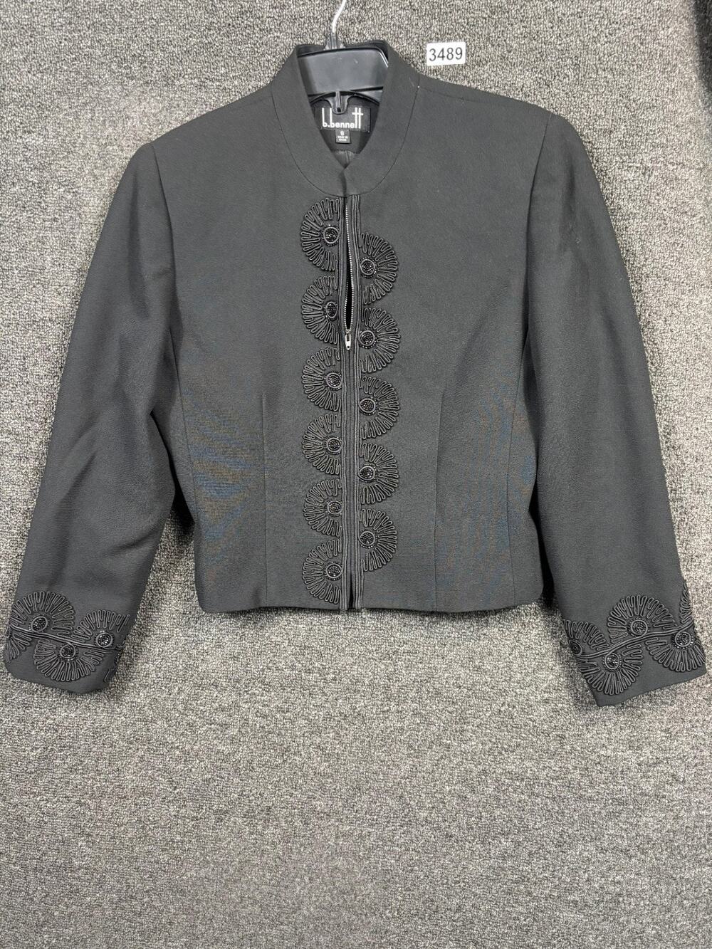B. Bennett Blazer Jacket Womens Size 8 Black Full Zip Embroidered Long Sleeve